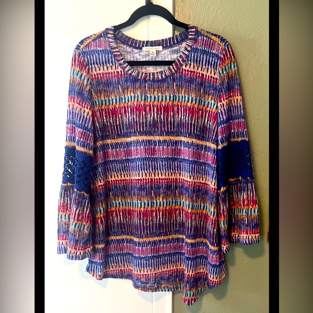 JohnPaulRichard Tunic Top Asymmetrical Hem Bell Slvs Multicolored XL Hippie Boho
